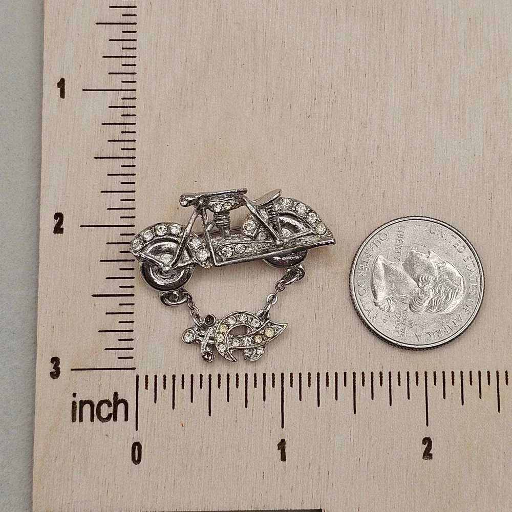 ORA Motorcycle Brooch Pins 2pc Silver Tone Clear Rhinestone Biker Mason Sword